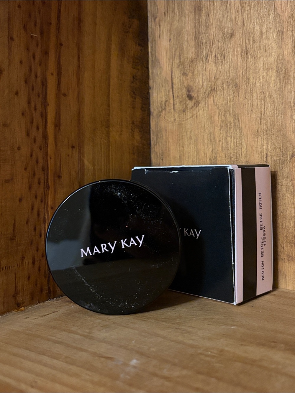 Mary Kay Powder Compact in Black with Pink-Striped Box